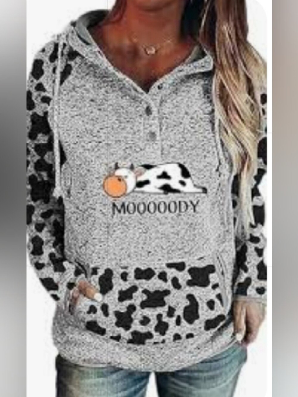 MoOOOODY Cream & Black Heathered Cow Print Hooded Pullover Sweater Sz XXL